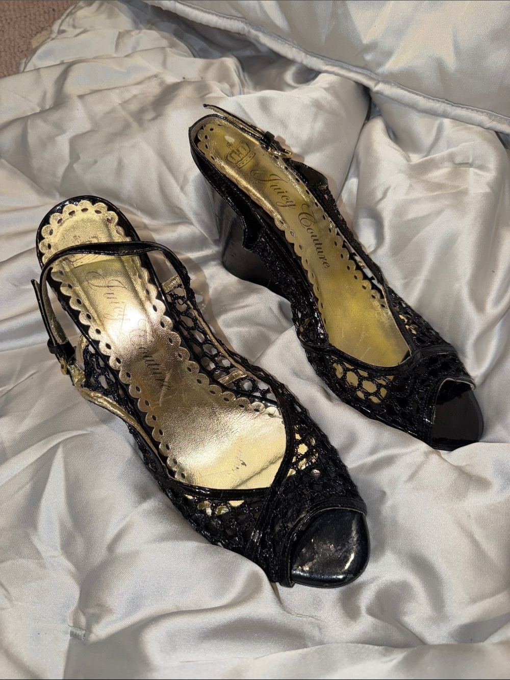Juicy Couture Vintage Black Lace Peep-Toe Slingback Wedges